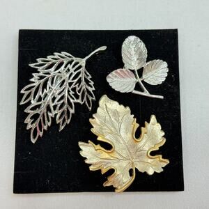 Vintage Brooch Set 3 Gold, Silver Tone, Leaf Estate Jewelry Mid Century 1- S Cov